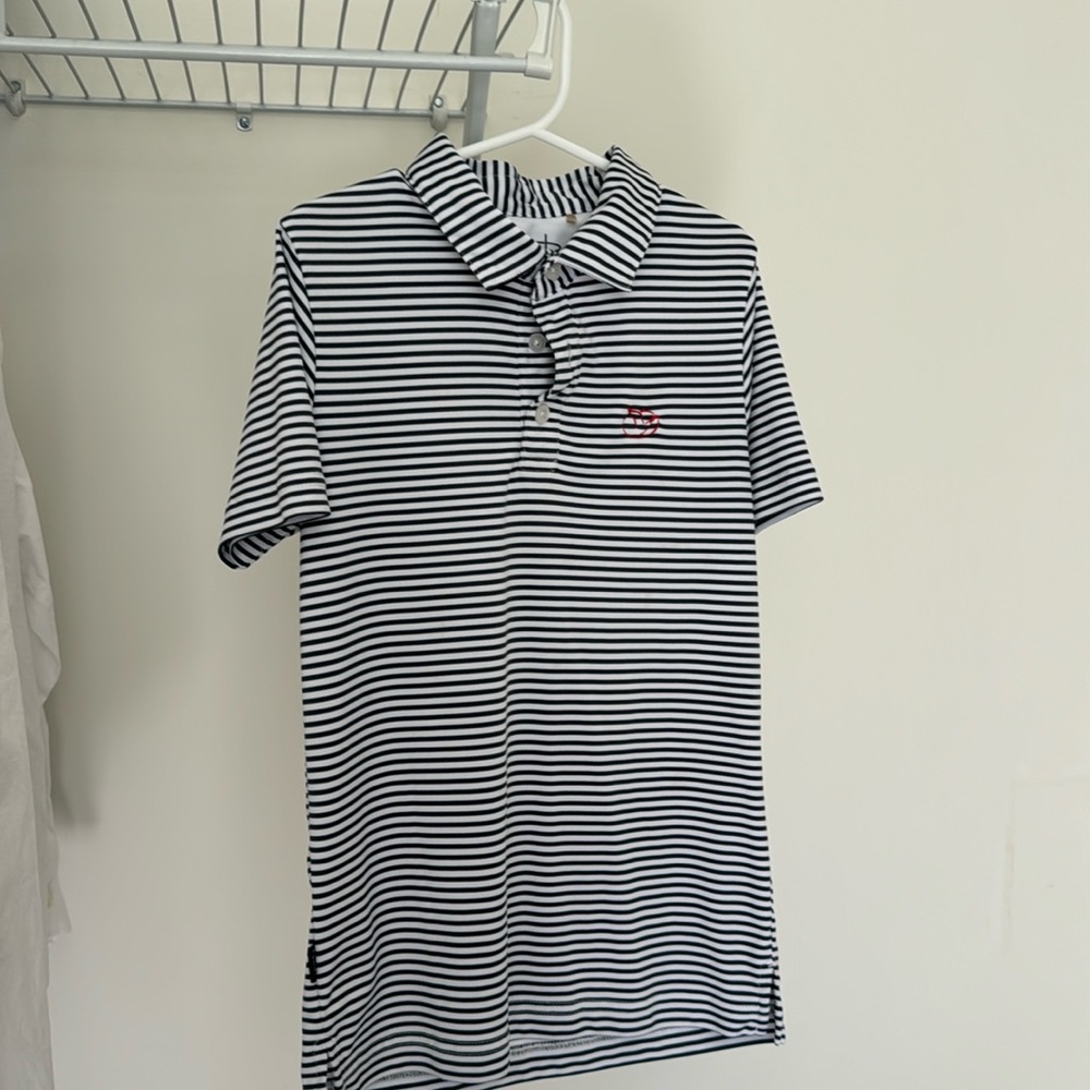 Black and white striped Reynolds Lake Oconee golf shirt. Size S (5-6)